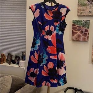 Blue Floral Vince Camuto Fit & Flare Scuba Dress